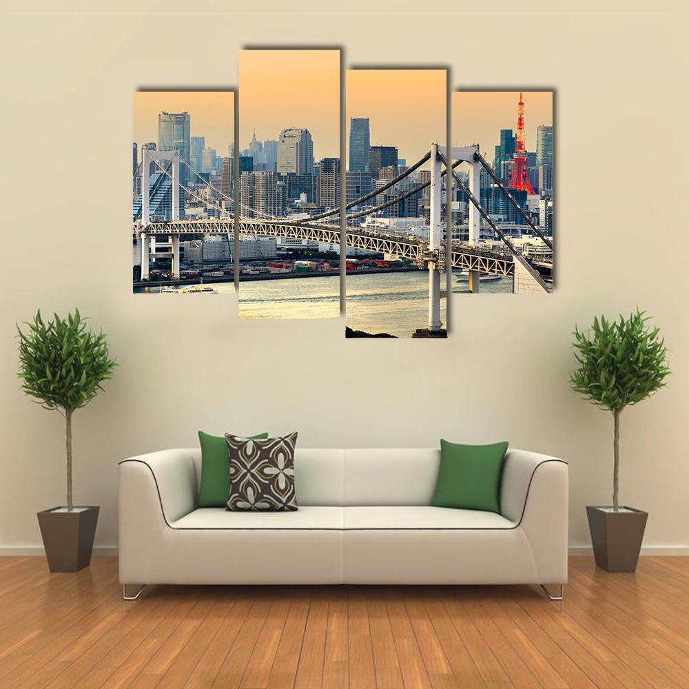 Rainbow Bridge & Tokyo Tower Canvas Wall Art-4 Pop-Gallery Wrap-50" x 32"-Tiaracle