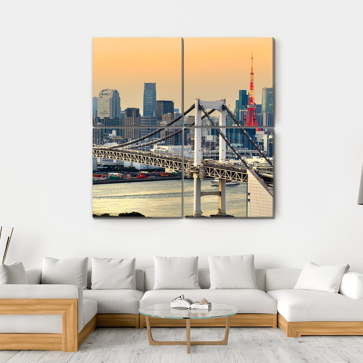 Rainbow Bridge &amp; Tokyo Tower Canvas Wall Art-4 Square-Gallery Wrap-17" x 17"-Tiaracle