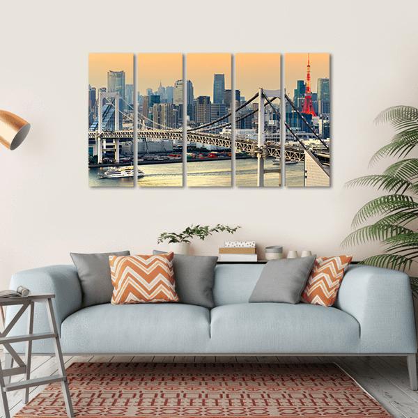 Rainbow Bridge &amp; Tokyo Tower Canvas Wall Art-5 Horizontal-Gallery Wrap-22" x 12"-Tiaracle