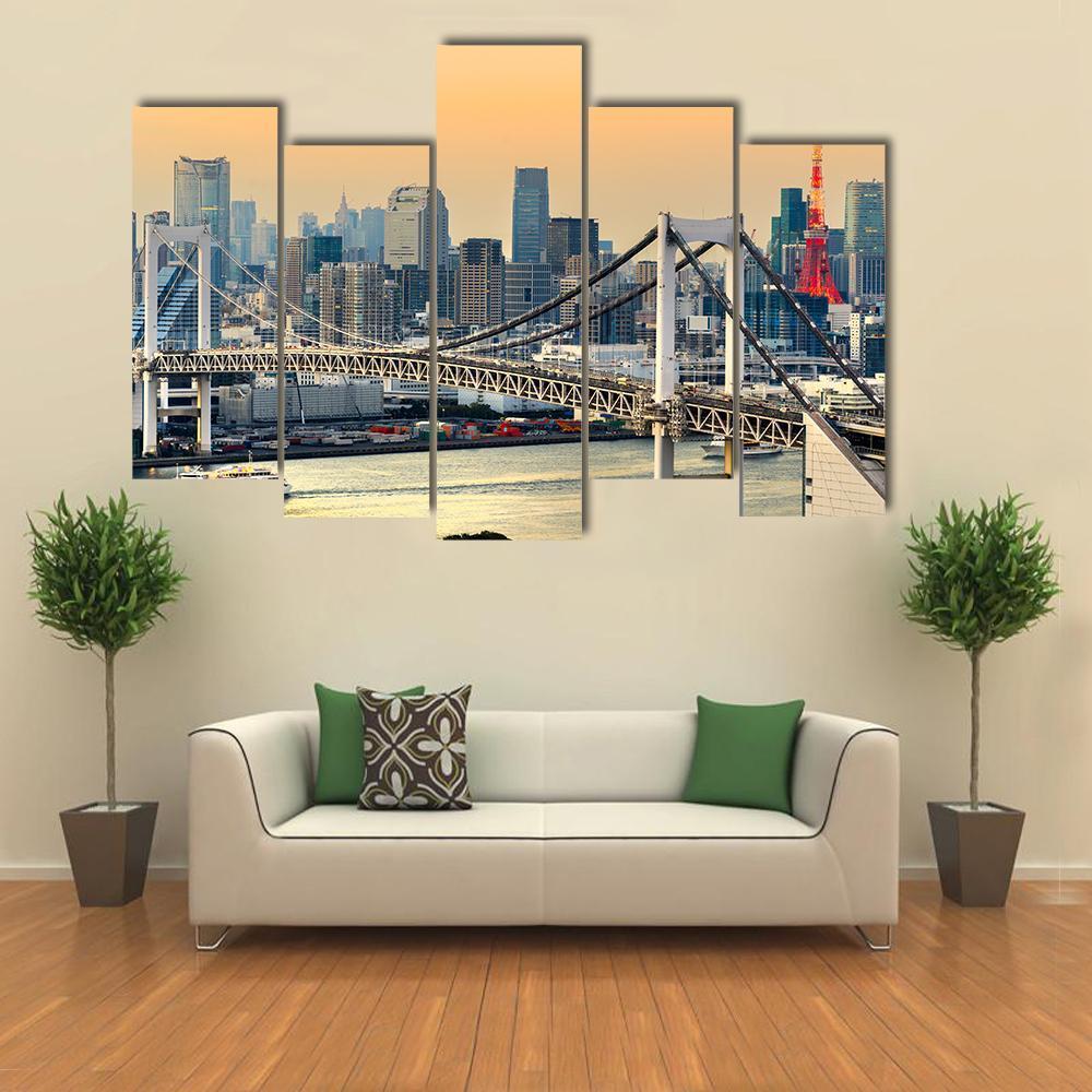 Rainbow Bridge & Tokyo Tower Canvas Wall Art-5 Pop-Gallery Wrap-47" x 32"-Tiaracle