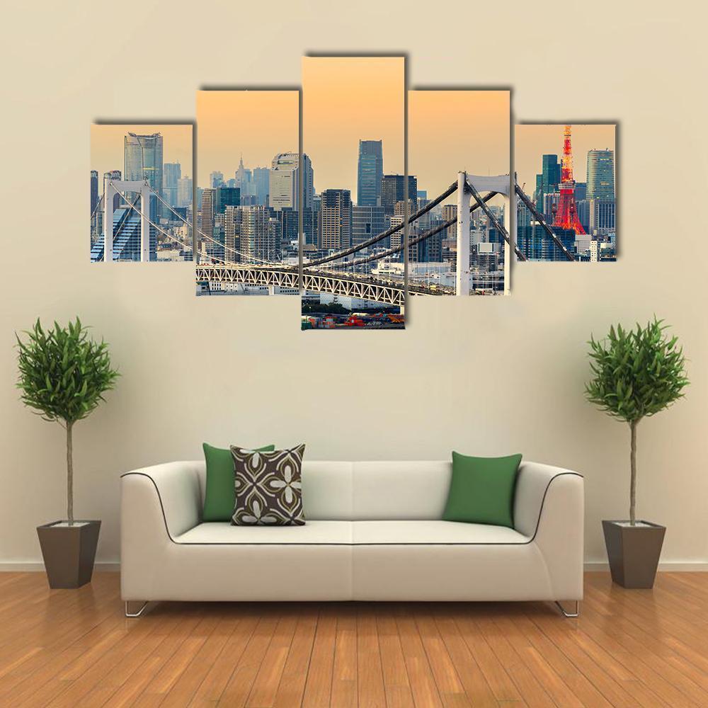 Rainbow Bridge & Tokyo Tower Canvas Wall Art-5 Star-Gallery Wrap-62" x 32"-Tiaracle