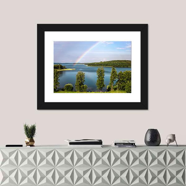 Rainbow In Summer Over Stroust Lake Canvas Wall Art-1 Piece-Framed Print-20" x 16"-Tiaracle