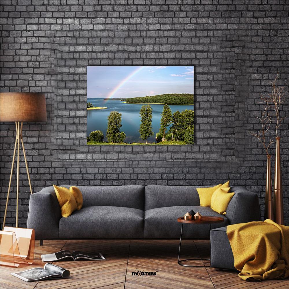 Summer Rainbow Over Lake Canvas Wall Art in green and blue, single panel hung on a wall