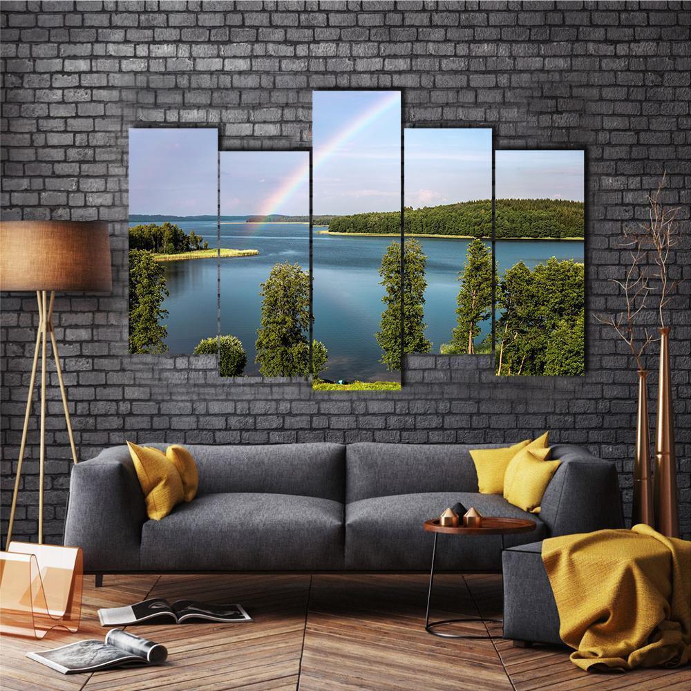 Rainbow In Summer Over Stroust Lake Canvas Wall Art-5 Pop-Gallery Wrap-47" x 32"-Tiaracle