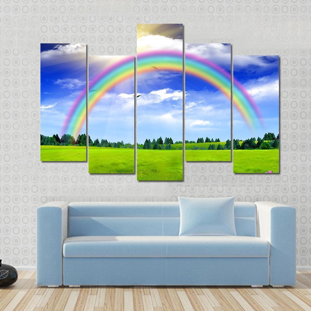 Rainbow In The Blue Sky Canvas Wall Art-5 Pop-Gallery Wrap-47" x 32"-Tiaracle