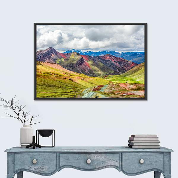 Vibrant Rainbow Mountain in Peru Canvas Wall Art in green, blue and multicolor, framed canvas, product view on a white background