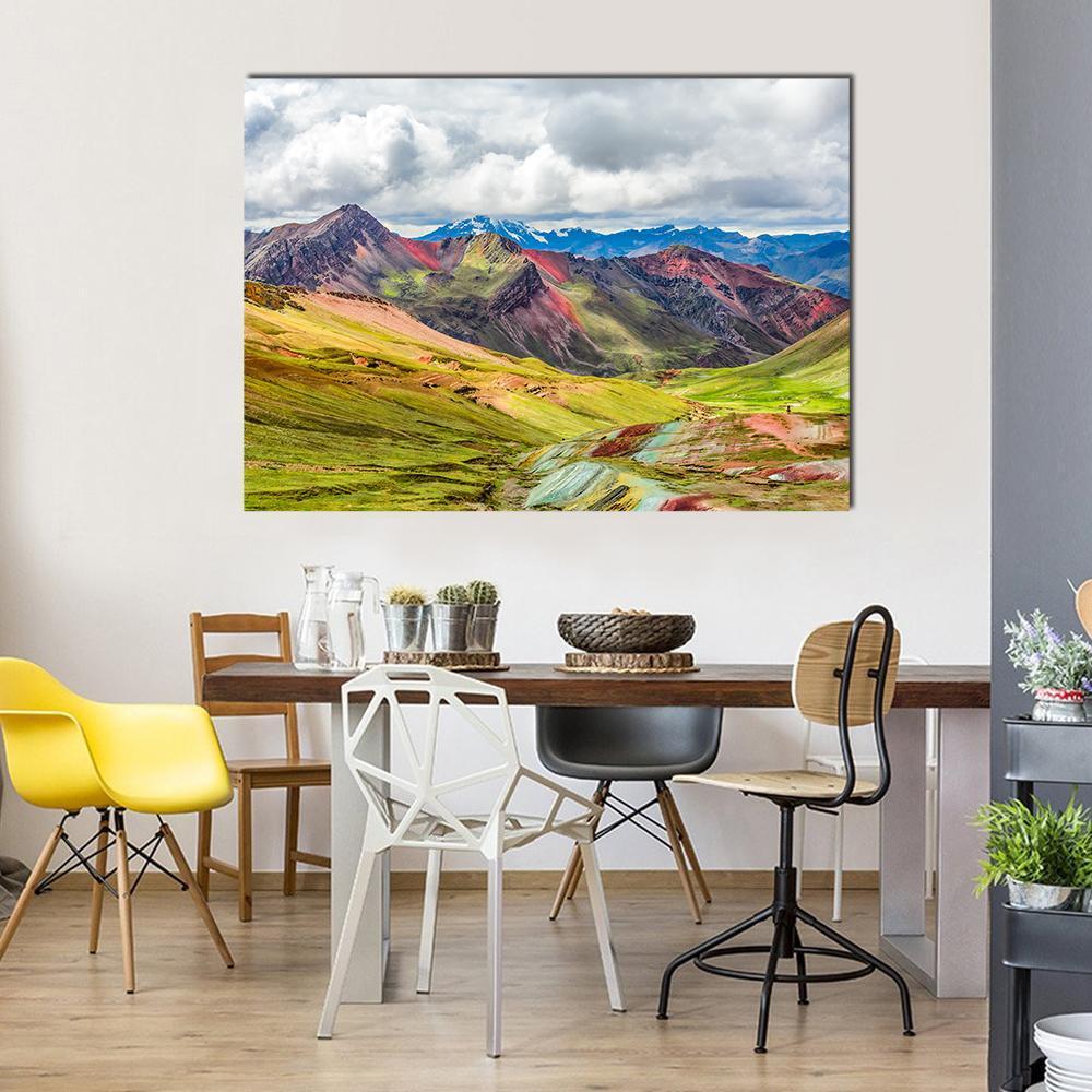 Vibrant Rainbow Mountain in Peru Canvas Wall Art in green, blue and multicolor, single panel hung on a wall