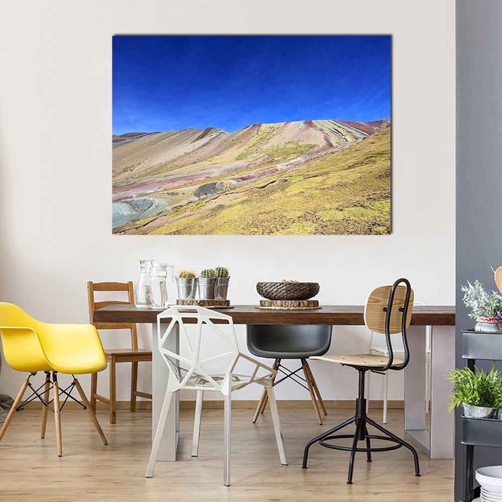 Rainbow Mountains Near Cusco, Peru Canvas Wall Art in brown, yellow and blue, single panel hung on a wall