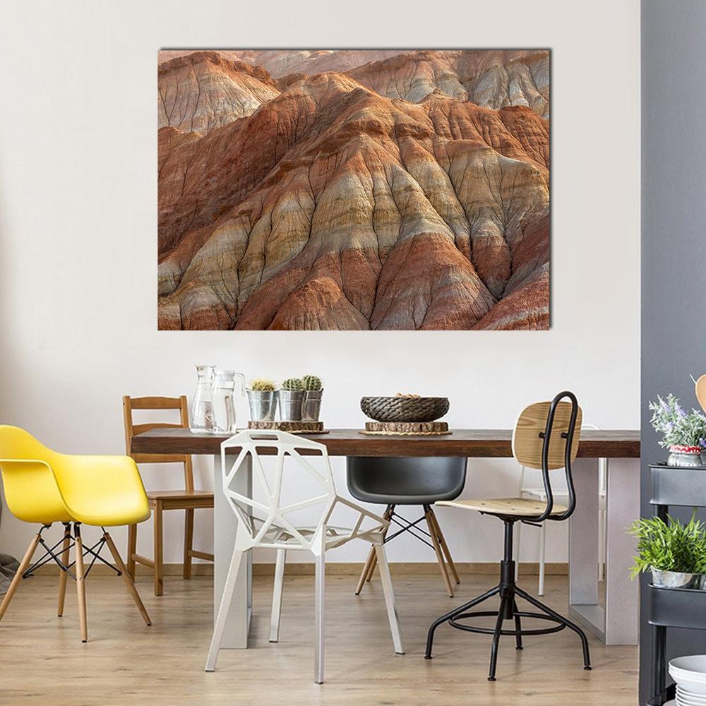 Rainbow Mountains in Chinese Geopark Canvas Wall Art in brown, red and orange, single panel hung on a wall