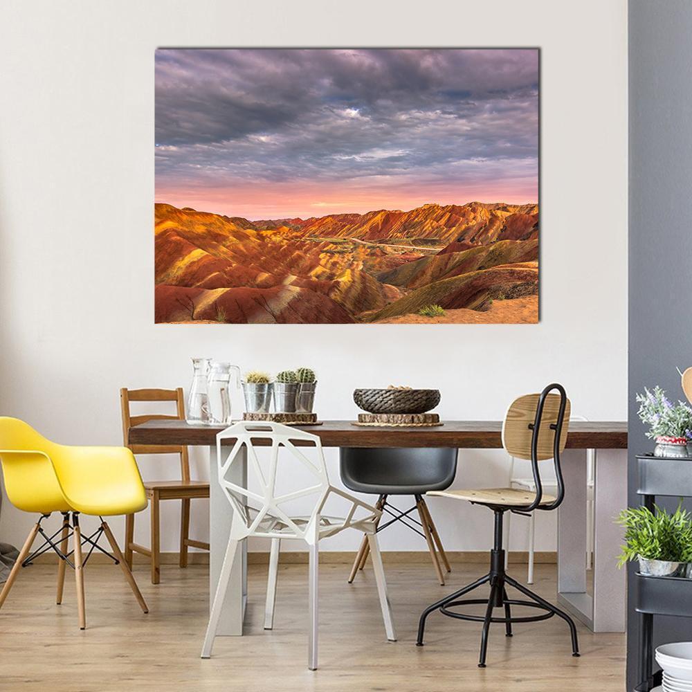 Rainbow Mountains in Zhangye, China Canvas Wall Art in red, orange and multicolor, single panel hung on a wall