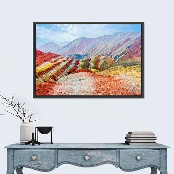 Rainbow Mountains Of Zhangye Sky Canvas Wall Art-1 Piece-Floating Frame-24" x 16"-Tiaracle