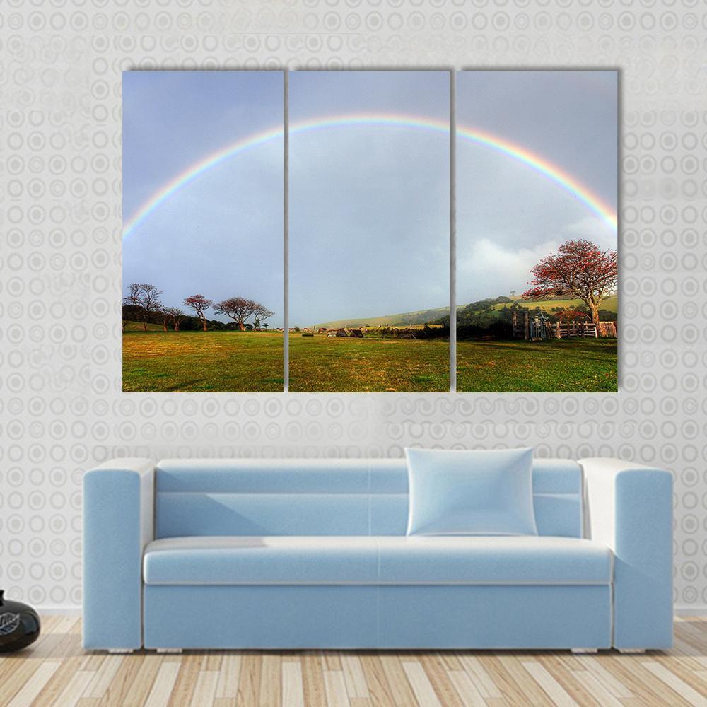 Rainbow Over A Farm Field Canvas Wall Art-1 Piece-Gallery Wrap-48" x 32"-Tiaracle