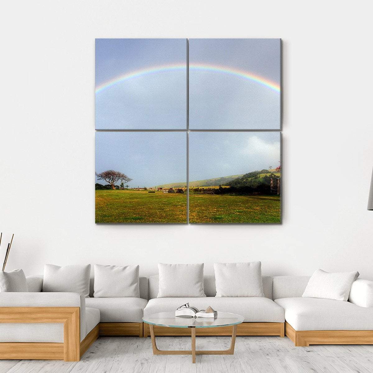 Rainbow Over A Farm Field Canvas Wall Art-4 Square-Gallery Wrap-17" x 17"-Tiaracle