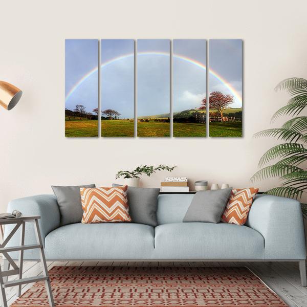 Rainbow Over A Farm Field Canvas Wall Art-5 Horizontal-Gallery Wrap-22" x 12"-Tiaracle
