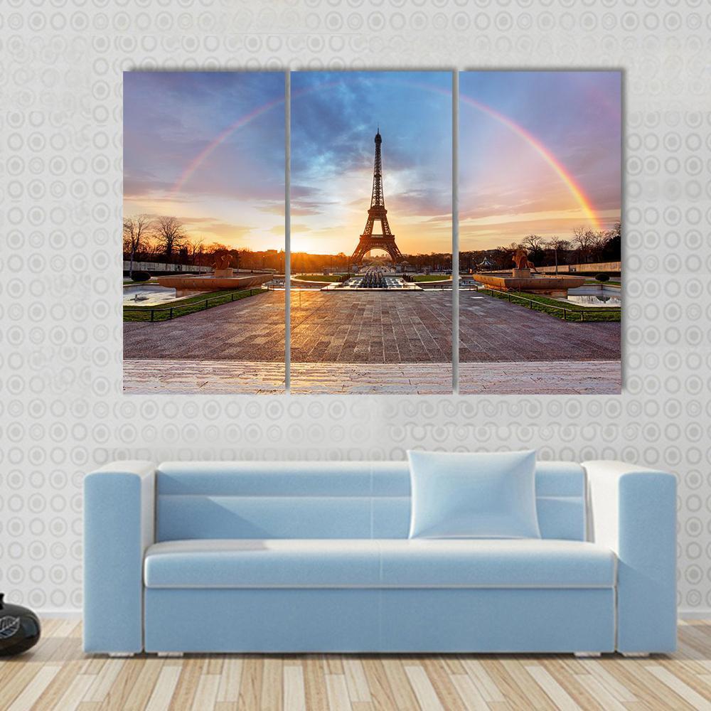 Rainbow Over Eiffel Tower Canvas Wall Art-3 Horizontal-Gallery Wrap-37" x 24"-Tiaracle