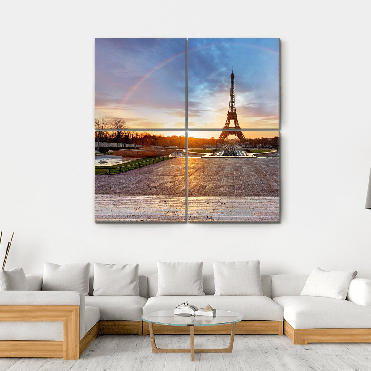 Rainbow Over Eiffel Tower Canvas Wall Art in orange, blue and multicolor, hung on a wall