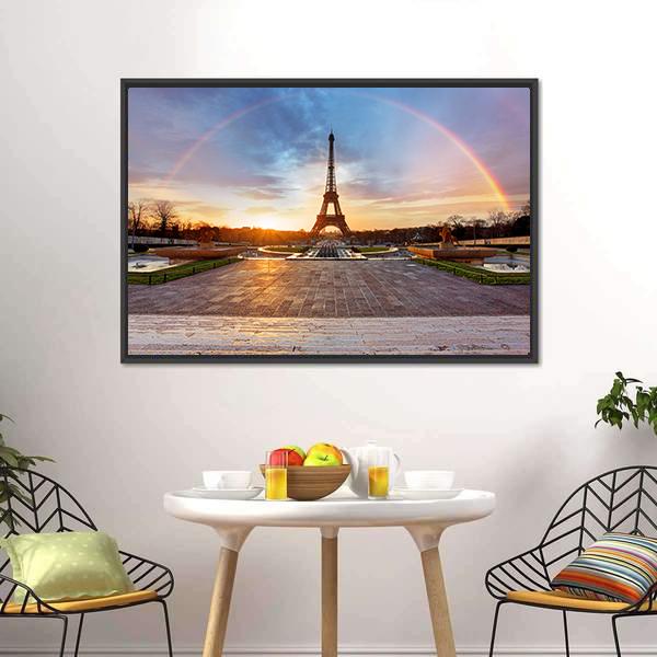 Rainbow Over Eiffel Tower Canvas Wall Art in orange, blue and multicolor, framed canvas, product view on a white background
