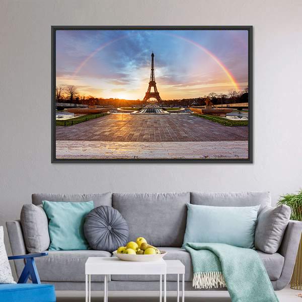 Rainbow Over Eiffel Tower Panoramic Canvas Wall Art-1 Piece-36" x 12"-Tiaracle