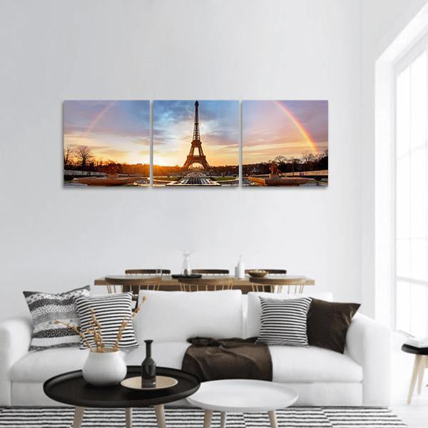 Rainbow Over Eiffel Tower Panoramic Canvas Wall Art-3 Piece-25" x 08"-Tiaracle