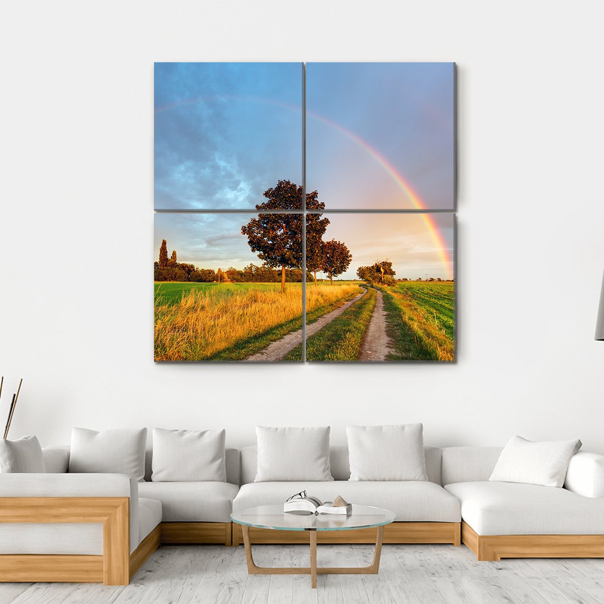 Rainbow Over Field Road Canvas Wall Art-4 Horizontal-Gallery Wrap-34" x 24"-Tiaracle