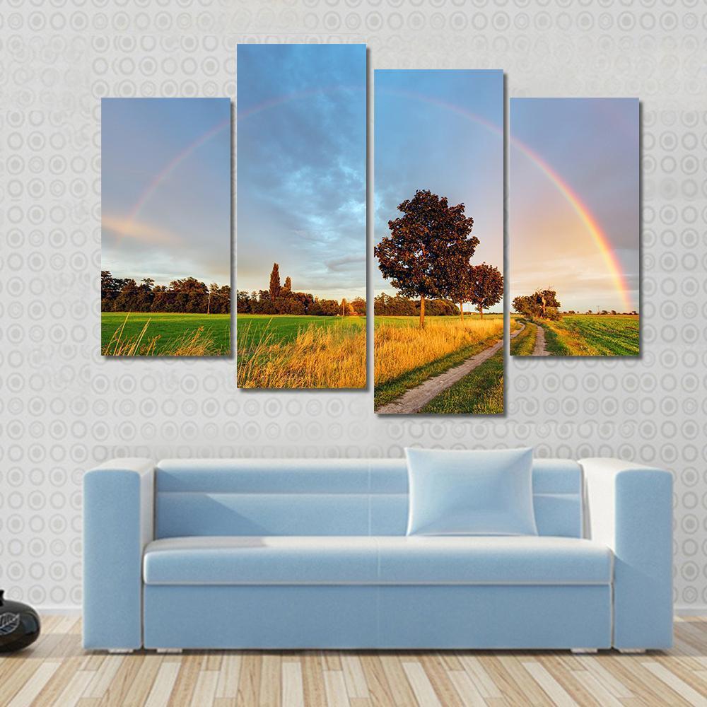 Rainbow Over Field Road Canvas Wall Art-4 Pop-Gallery Wrap-50" x 32"-Tiaracle