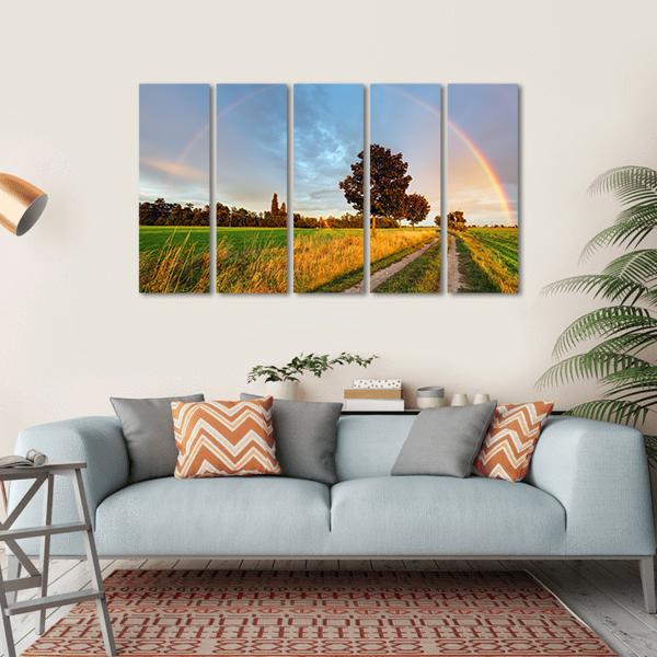Rainbow Over Field Road Canvas Wall Art-5 Horizontal-Gallery Wrap-22" x 12"-Tiaracle