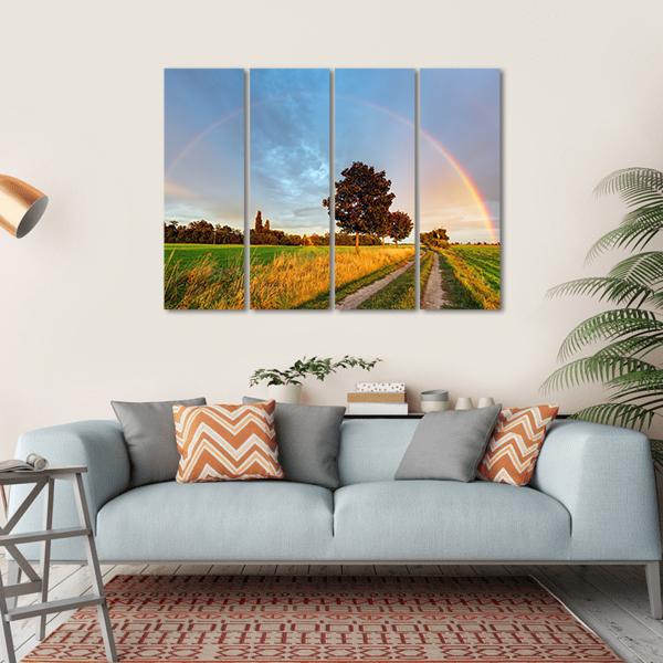 Rainbow Over Field Road Canvas Wall Art-5 Horizontal-Gallery Wrap-22" x 12"-Tiaracle