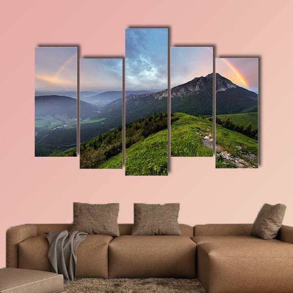 Rainbow Over Mountain Peak Canvas Wall Art-5 Pop-Gallery Wrap-47" x 32"-Tiaracle