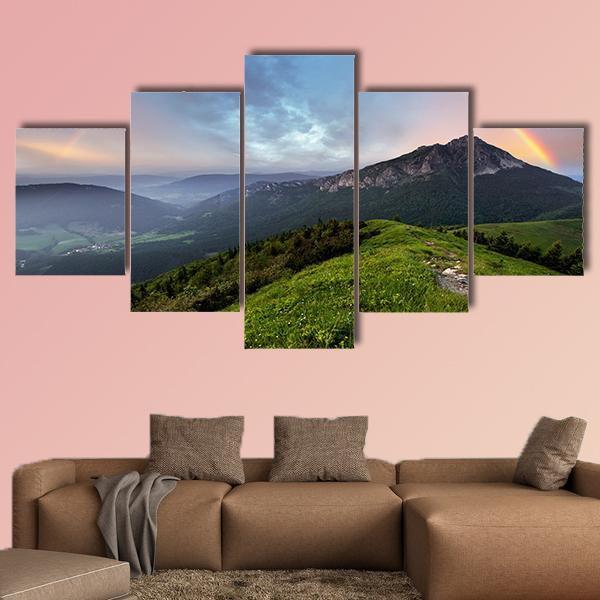 Rainbow Over Mountain Peak Canvas Wall Art-5 Star-Gallery Wrap-62" x 32"-Tiaracle