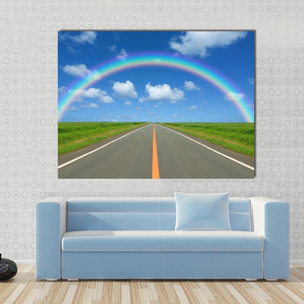 Rainbow Over Straight Road Canvas Wall Art-1 Piece-Gallery Wrap-36" x 24"-Tiaracle