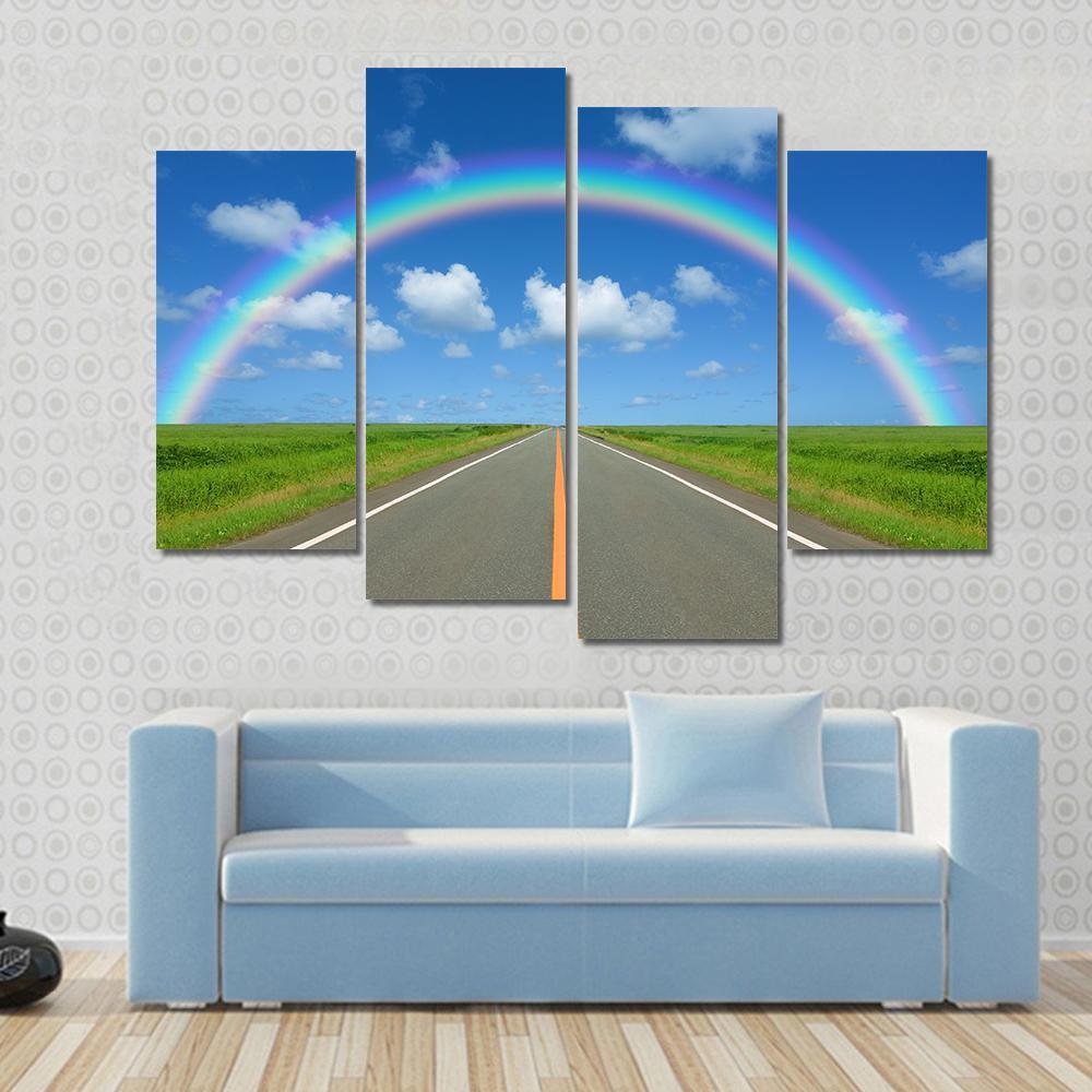 Rainbow Over Straight Road Canvas Wall Art-5 Star-Gallery Wrap-62" x 32"-Tiaracle