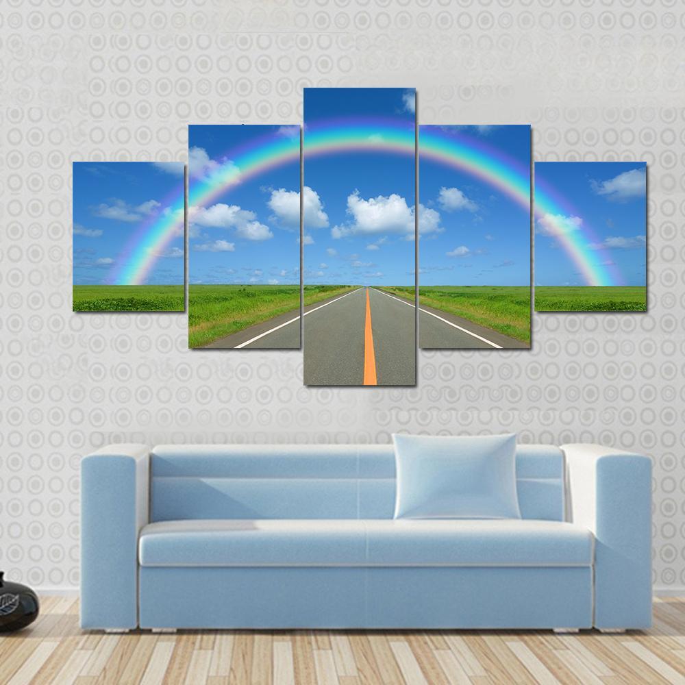 Rainbow Over Straight Road Canvas Wall Art-5 Star-Gallery Wrap-62" x 32"-Tiaracle