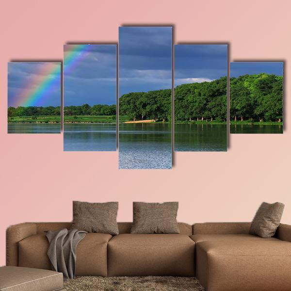 Rainbow Over The Lake Close Up Canvas Wall Art-5 Star-Gallery Wrap-62" x 32"-Tiaracle