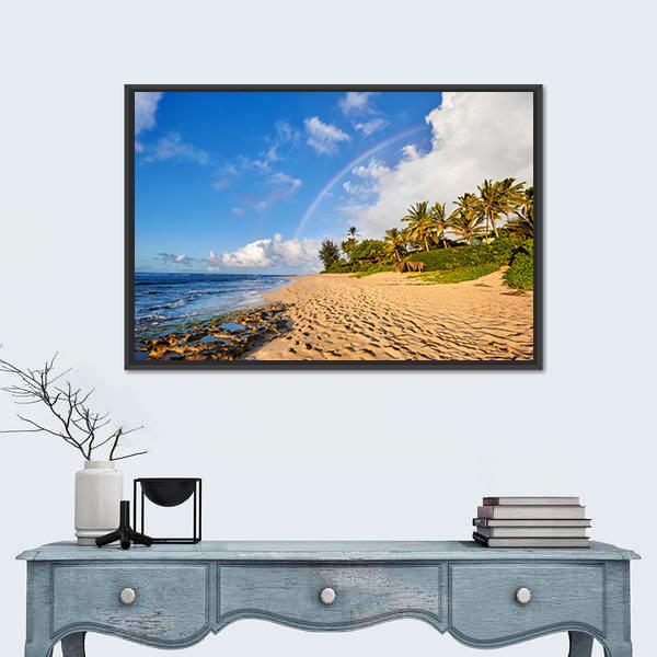 Rainbow Scenic View Over The Popular Surfing Sunset Beach Canvas Wall Art-1 Piece-Floating Frame-24" x 16"-Tiaracle