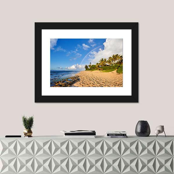 Rainbow Scenic View Over The Popular Surfing Sunset Beach Canvas Wall Art-1 Piece-Framed Print-20" x 16"-Tiaracle