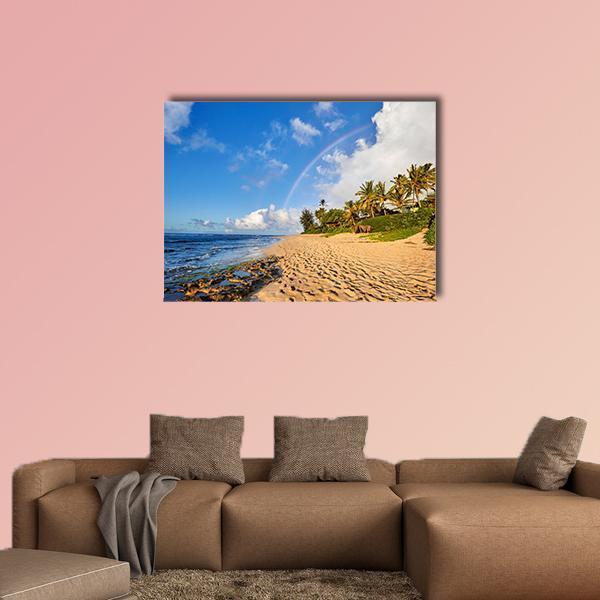 Rainbow Over Sunset Surf Beach Canvas Wall Art in white, beige and blue, single panel hung on a wall