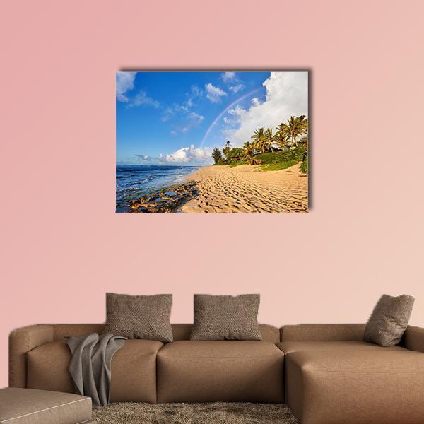 Rainbow Scenic View Over The Popular Surfing Sunset Beach Canvas Wall Art-5 Pop-Gallery Wrap-47" x 32"-Tiaracle