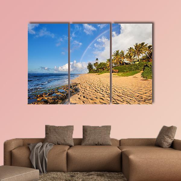 Rainbow Scenic View Over The Popular Surfing Sunset Beach Canvas Wall Art-3 Horizontal-Gallery Wrap-37" x 24"-Tiaracle