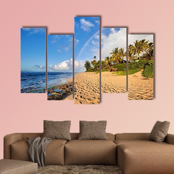 Rainbow Scenic View Over The Popular Surfing Sunset Beach Canvas Wall Art-5 Pop-Gallery Wrap-47" x 32"-Tiaracle