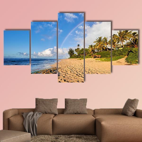 Rainbow Scenic View Over The Popular Surfing Sunset Beach Canvas Wall Art-5 Star-Gallery Wrap-62" x 32"-Tiaracle