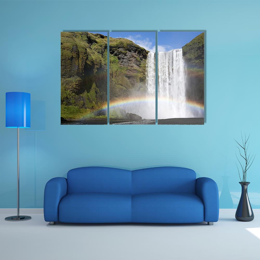 Rainbow Waterfall Of Skogafoss Canvas Wall Art-3 Horizontal-Gallery Wrap-37" x 24"-Tiaracle