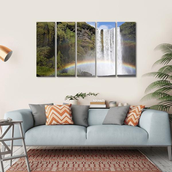 Rainbow Waterfall Of Skogafoss Canvas Wall Art-5 Horizontal-Gallery Wrap-22" x 12"-Tiaracle
