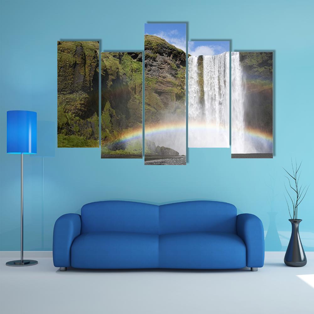 Rainbow Waterfall Of Skogafoss Canvas Wall Art-5 Pop-Gallery Wrap-47" x 32"-Tiaracle