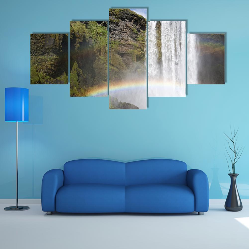 Rainbow Waterfall Of Skogafoss Canvas Wall Art-5 Pop-Gallery Wrap-47" x 32"-Tiaracle