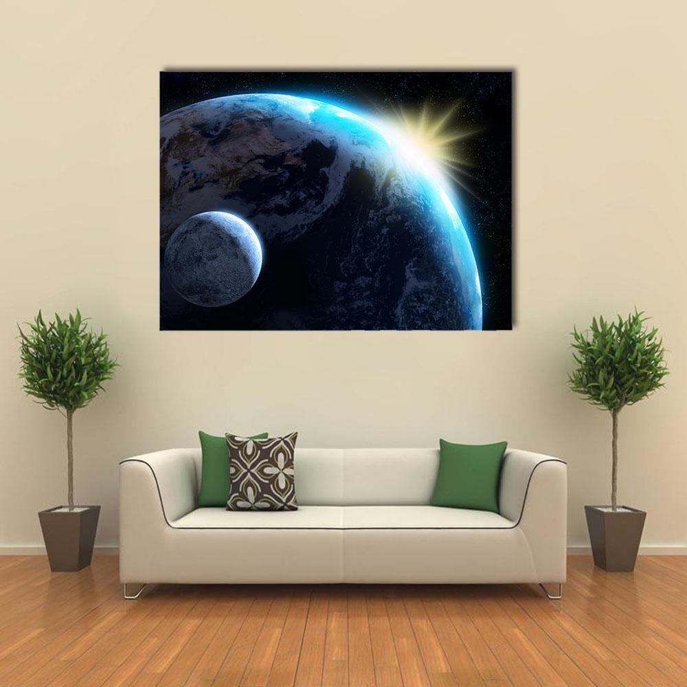 Sunrise Over Earth and Moon Canvas Wall Art in black, white and blue, single panel hung on a wall
