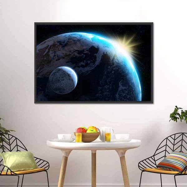 Raising Sun Illuminating Our Planet Canvas Wall Art-1 Piece-Floating Frame-24" x 16"-Tiaracle