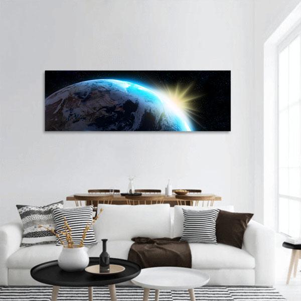 Raising Sun Illuminating Our Planet Panoramic Canvas Wall Art-3 Piece-25" x 08"-Tiaracle