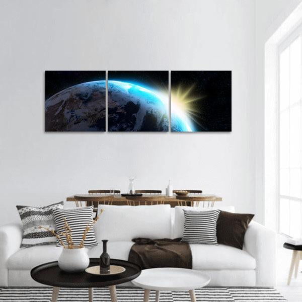 Raising Sun Illuminating Our Planet Panoramic Canvas Wall Art-3 Piece-25" x 08"-Tiaracle