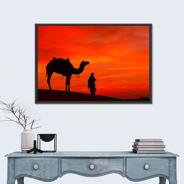 Rajasthan Desert With Camel And Man Canvas Wall Art-1 Piece-Floating Frame-24" x 16"-Tiaracle