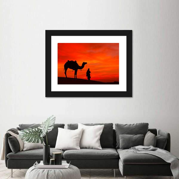Rajasthan Desert With Camel And Man Canvas Wall Art-1 Piece-Framed Print-20" x 16"-Tiaracle